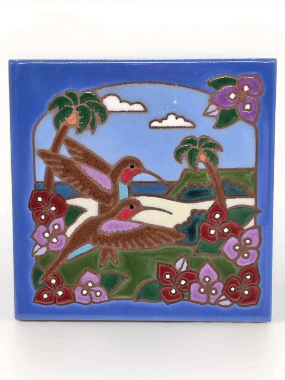 Hummingbirds Masterworks Art Tile Handcrafted Ceramic Trivet Palm Tree Tropical